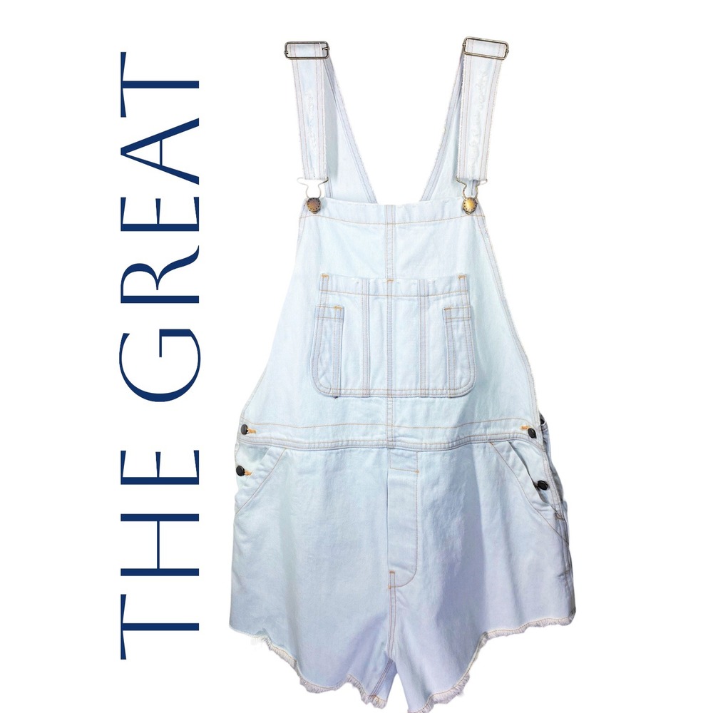 THE GREAT NWT The Cut Off Overall Light Wash Denim Short Overalls Raw Hem Size 2 - Picture 2 of 15